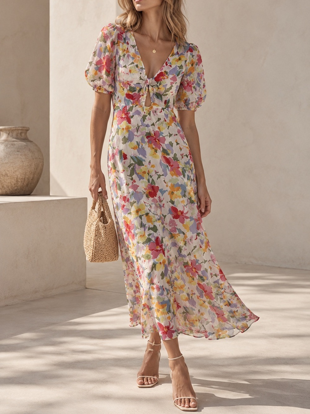 Lush Tropical Floral Front Cut Out Short Puff Sleeves Maxi Dress